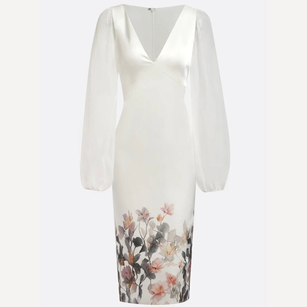 FEHAUTE US10 White Bridal Dress | Sheer Sleeves, Floral Hem, NWT - Picture 3 of 13